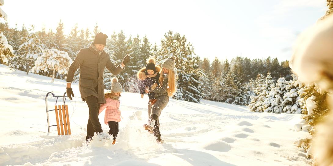 family walking in the snow with a sled